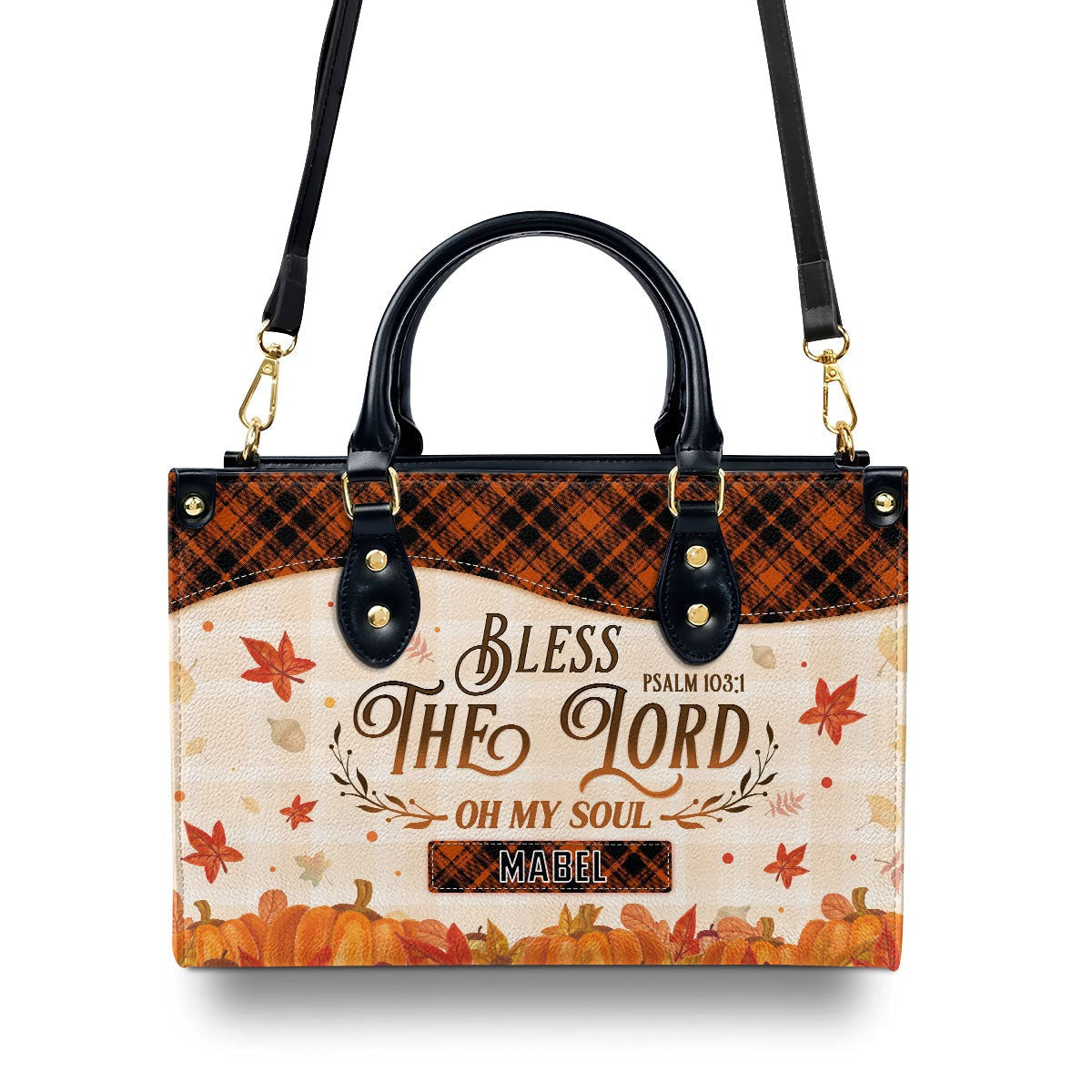 Bless The Lord Psalm 103:1 Leather Handbag, Personalized Christian Purse, Autumn Pumpkin Fall Faith Tote Custom Name Gift BLAF24