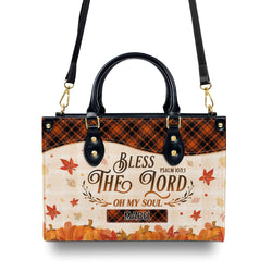 Bless The Lord Psalm 103:1 Leather Handbag, Personalized Christian Purse, Autumn Pumpkin Fall Faith Tote Custom Name Gift BLAF24