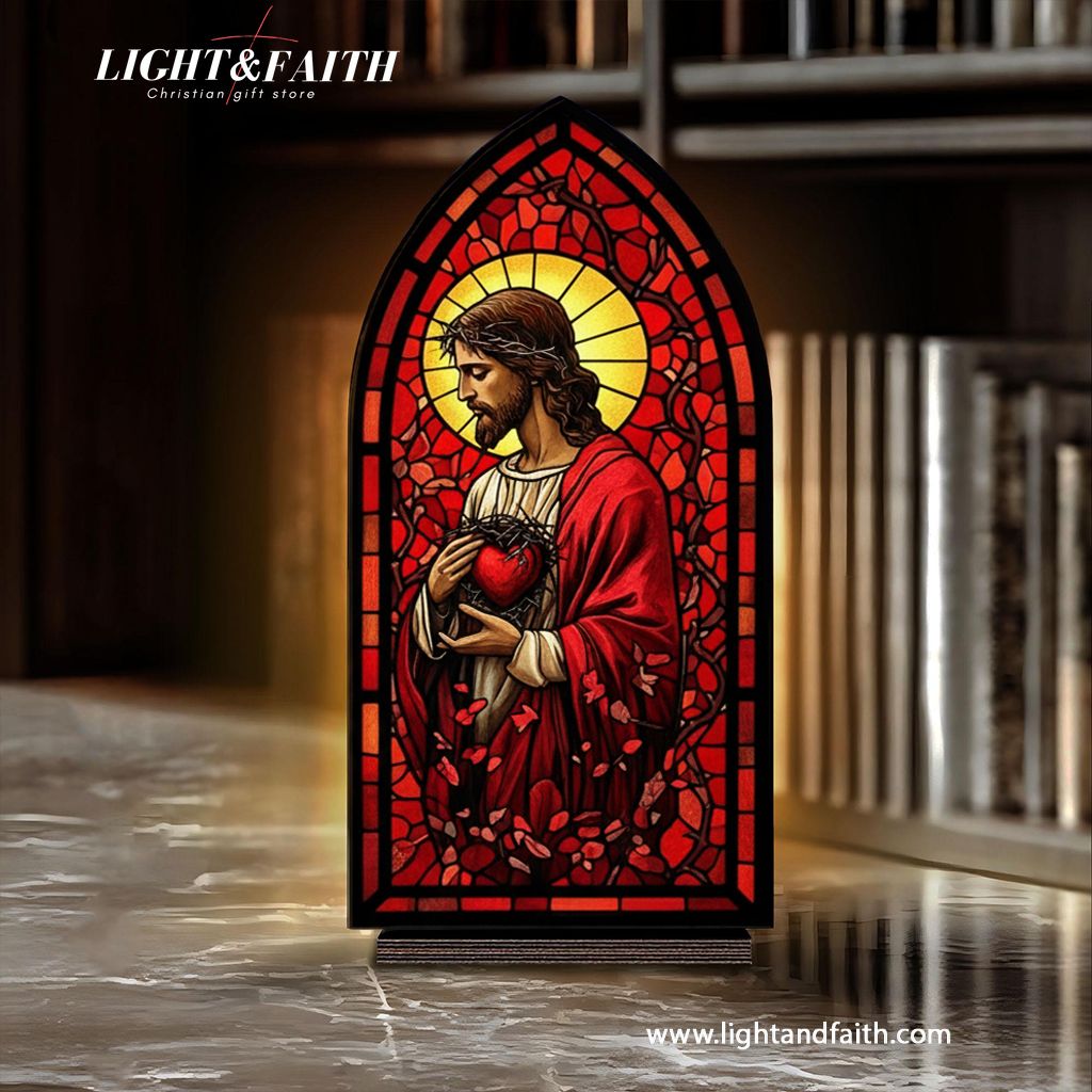 Sacred Heart of Jesus Book Nook, Stained Glass Style Acrylic Decor, Christian Gift, Religious Home Decoration, Faith Art Display BNLAF12