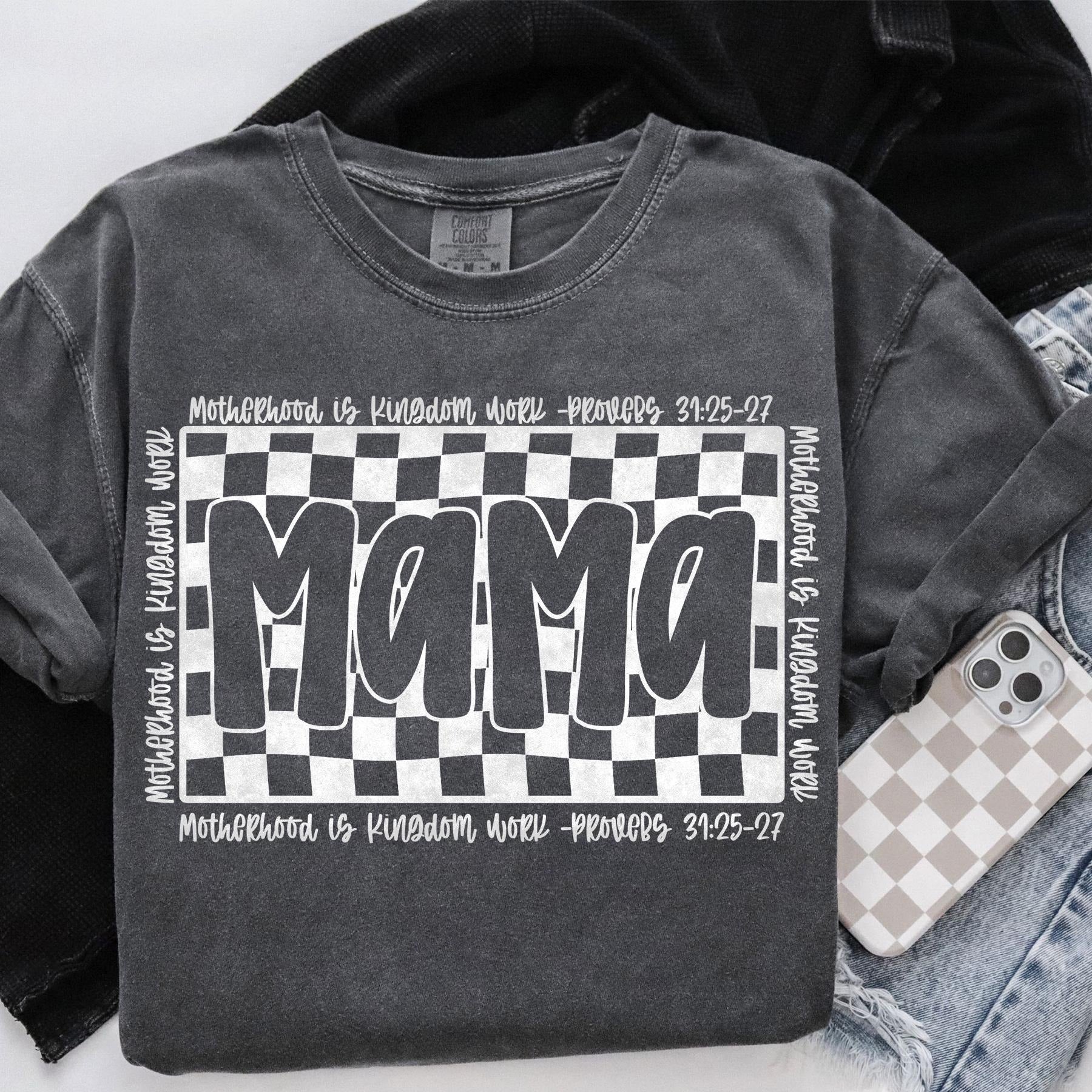 Christian Comfort Colors® T-Shirt MAMA , Retro Checkered Mama , Motherhood is Kingdom Work , Christian Mothers Day , Mama Shirt Design, Christian