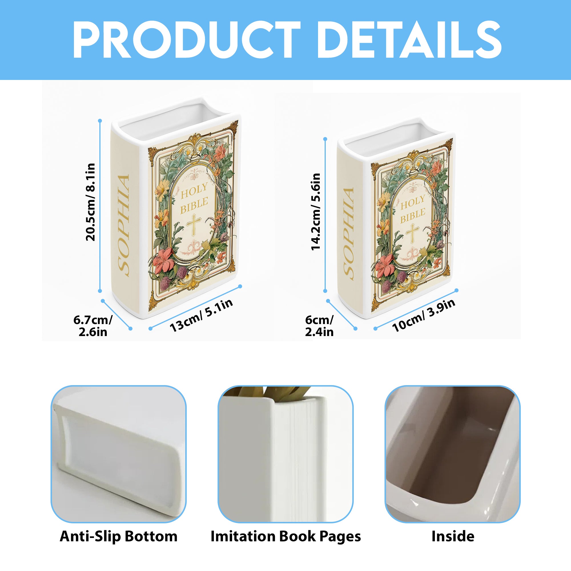 Personalized Holy Bible Book Vase, Personalized Faith Gift with Scripture, Cross & Flowers for Religious Decor CBLAF12