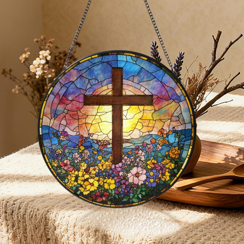 Cross Stained Glass Suncatcher, Christian Window Hanging, Floral Cross Sun Catcher, Religious Wall Decor, Faith Gift, Easter Window Decor SCLAF21