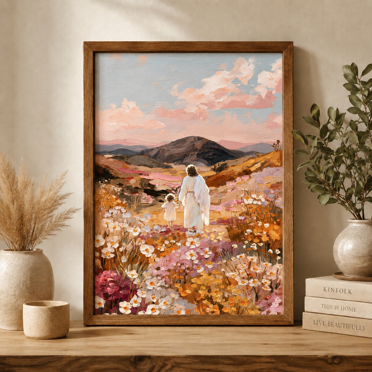 Jesus Walking with Child Poster, Christian Wall Art Print, Faith Based Nursery Decor, Religious Landscape Art, Bible Inspired Gift for Christians PTS12