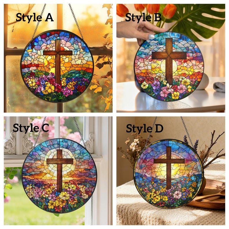 Cross Stained Glass Suncatcher, Christian Window Hanging, Floral Cross Sun Catcher, Religious Wall Decor, Faith Gift, Easter Window Decor SCLAF21