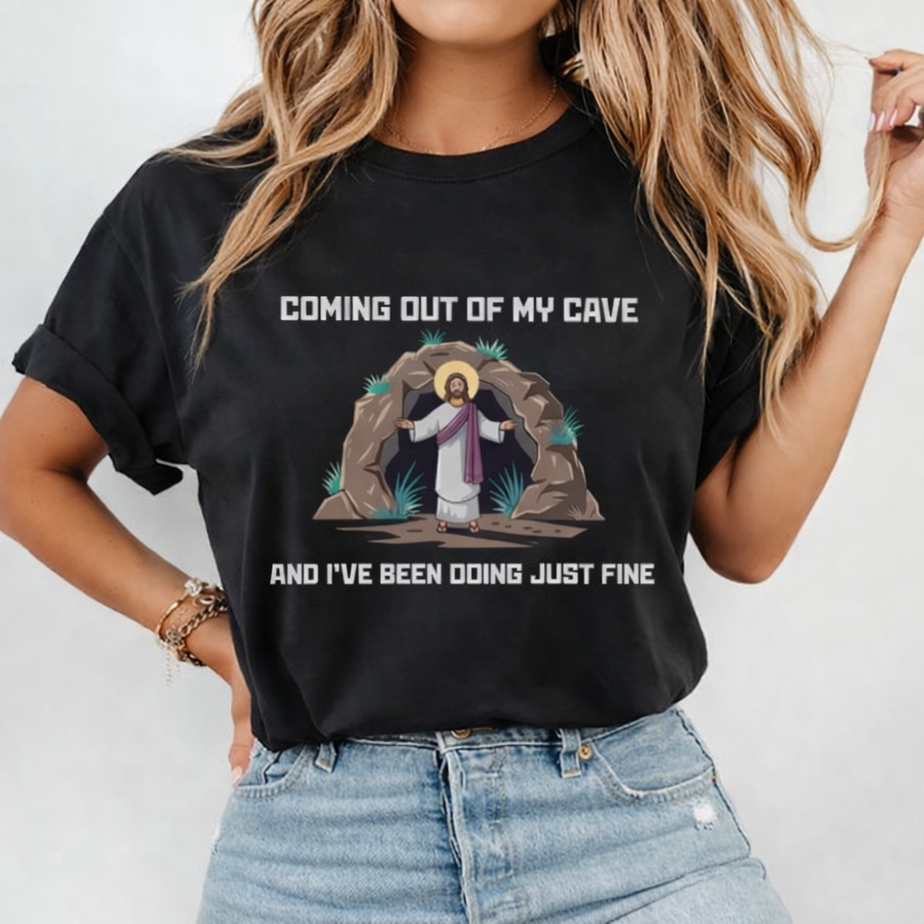 Coming Out Of My Cave Shirt, Comfort Colors Pink Tee, Funny Christian Easter Shirt, Jesus Resurrection Graphic Tee, Faith Based Gift for Women CFLAF053