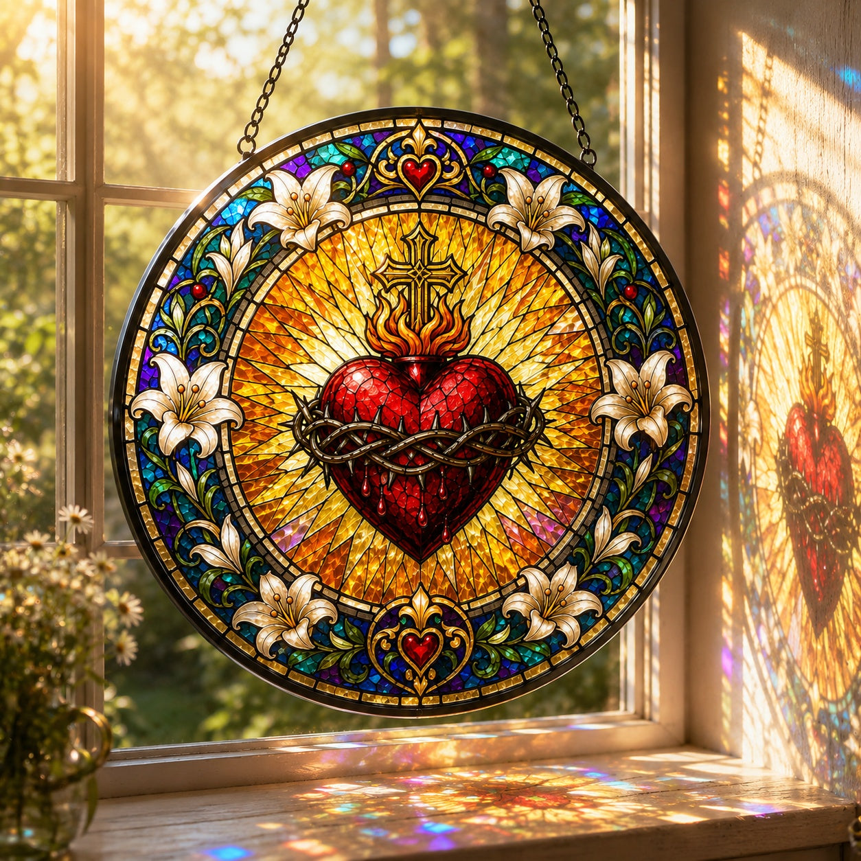 Sacred Heart of Jesus Stained Glass Suncatcher, Catholic Window Hanging, Christian Home Decor, Religious Gift, Prayer Room Decor GLASS12