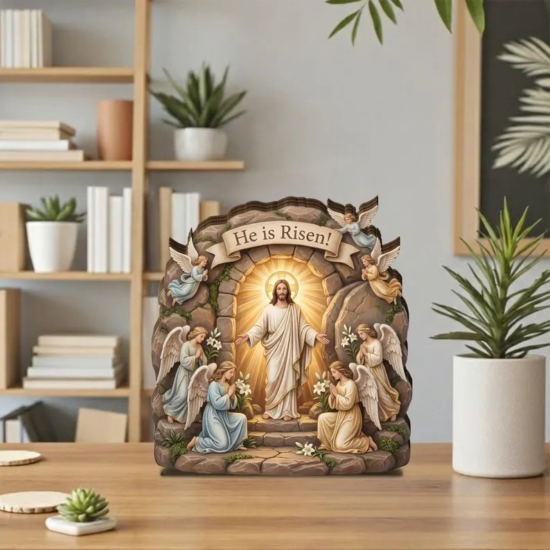 He Is Risen Easter Wooden Decor, Christian Resurrection Art, Religious Tabletop Display, Faith Home Altar Gift