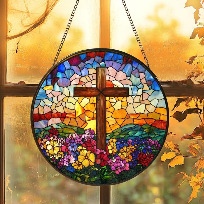 Cross Stained Glass Suncatcher, Christian Window Hanging, Floral Cross Sun Catcher, Religious Wall Decor, Faith Gift, Easter Window Decor SCLAF21