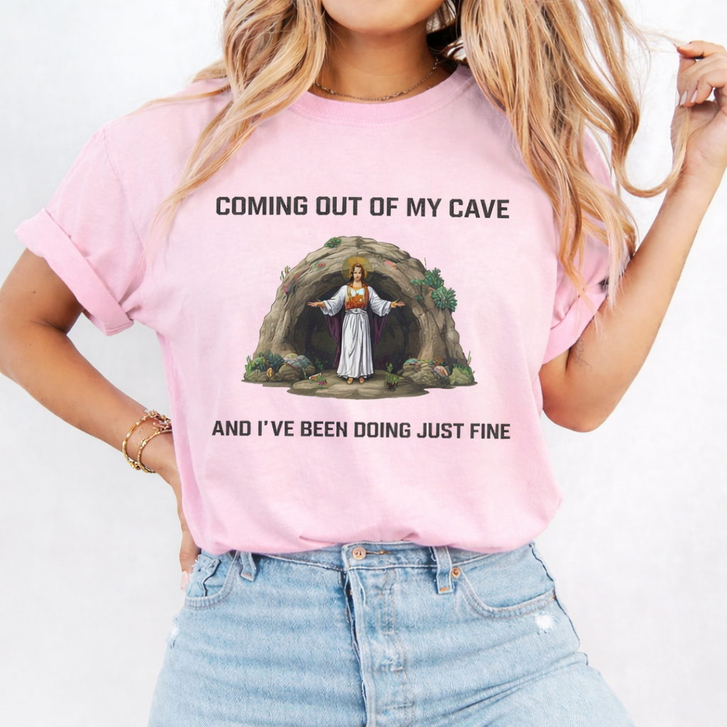 Coming Out Of My Cave Shirt, Comfort Colors Pink Tee, Funny Christian Easter Shirt, Jesus Resurrection Graphic Tee, Faith Based Gift for Women CFLAF053