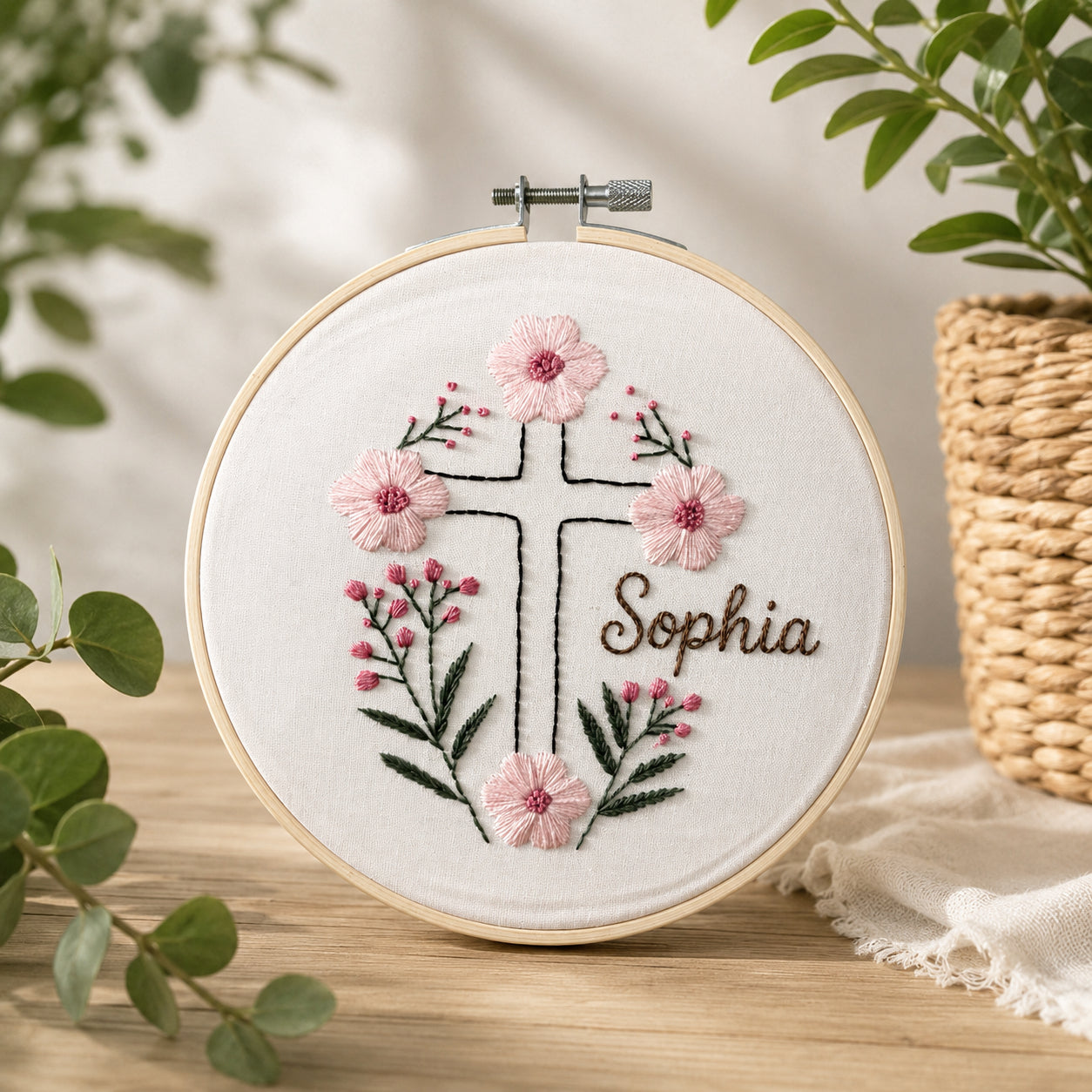 Personalized Hand Embroidered Floral With Cross Hoop Art, Custom Baby Name Baptism, Floral Christian Keepsake, Christian Hoop Art, Nursery Gift EHA40