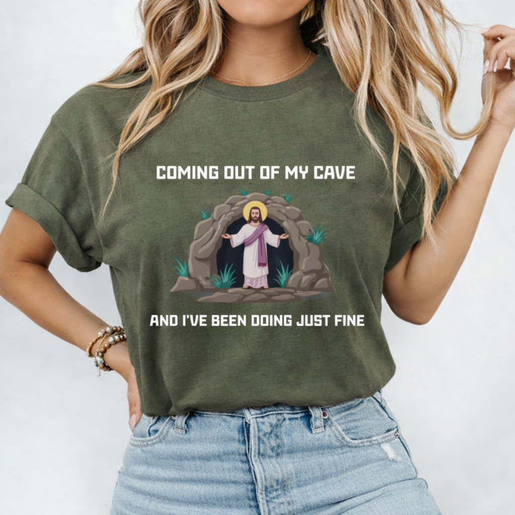 Coming Out Of My Cave Shirt, Comfort Colors Pink Tee, Funny Christian Easter Shirt, Jesus Resurrection Graphic Tee, Faith Based Gift for Women CFLAF053