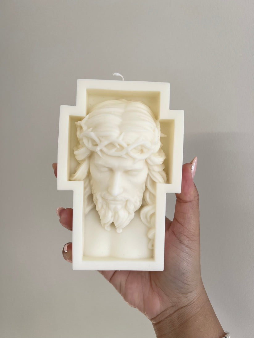 Jesus Face Candle, Crown of Thorns Wax Cross, Christian Home Altar Decor, Religious Gift for Prayer or Easter CDLAF10