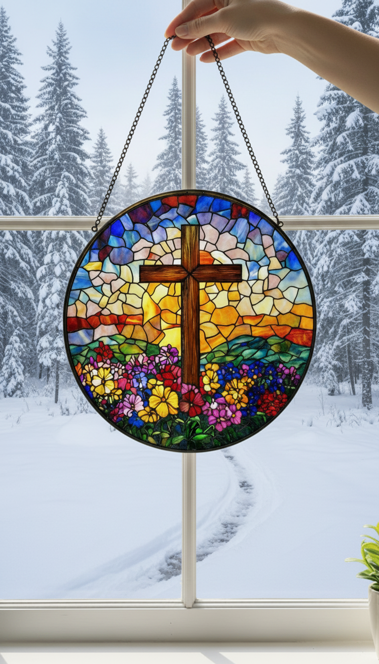 Cross Stained Glass Suncatcher, Christian Window Hanging, Floral Cross Sun Catcher, Religious Wall Decor, Faith Gift, Easter Window Decor SCLAF21