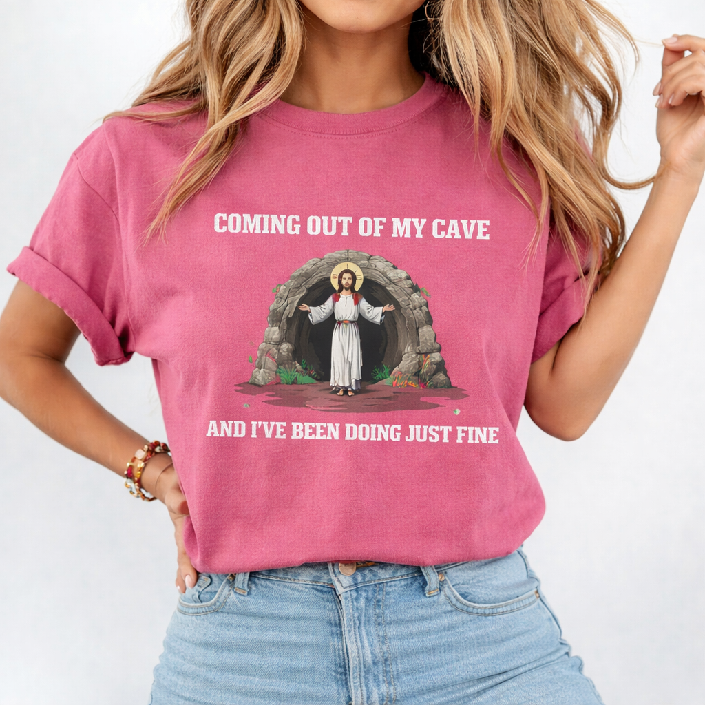 Coming Out Of My Cave Shirt, Comfort Colors Pink Tee, Funny Christian Easter Shirt, Jesus Resurrection Graphic Tee, Faith Based Gift for Women CFLAF053