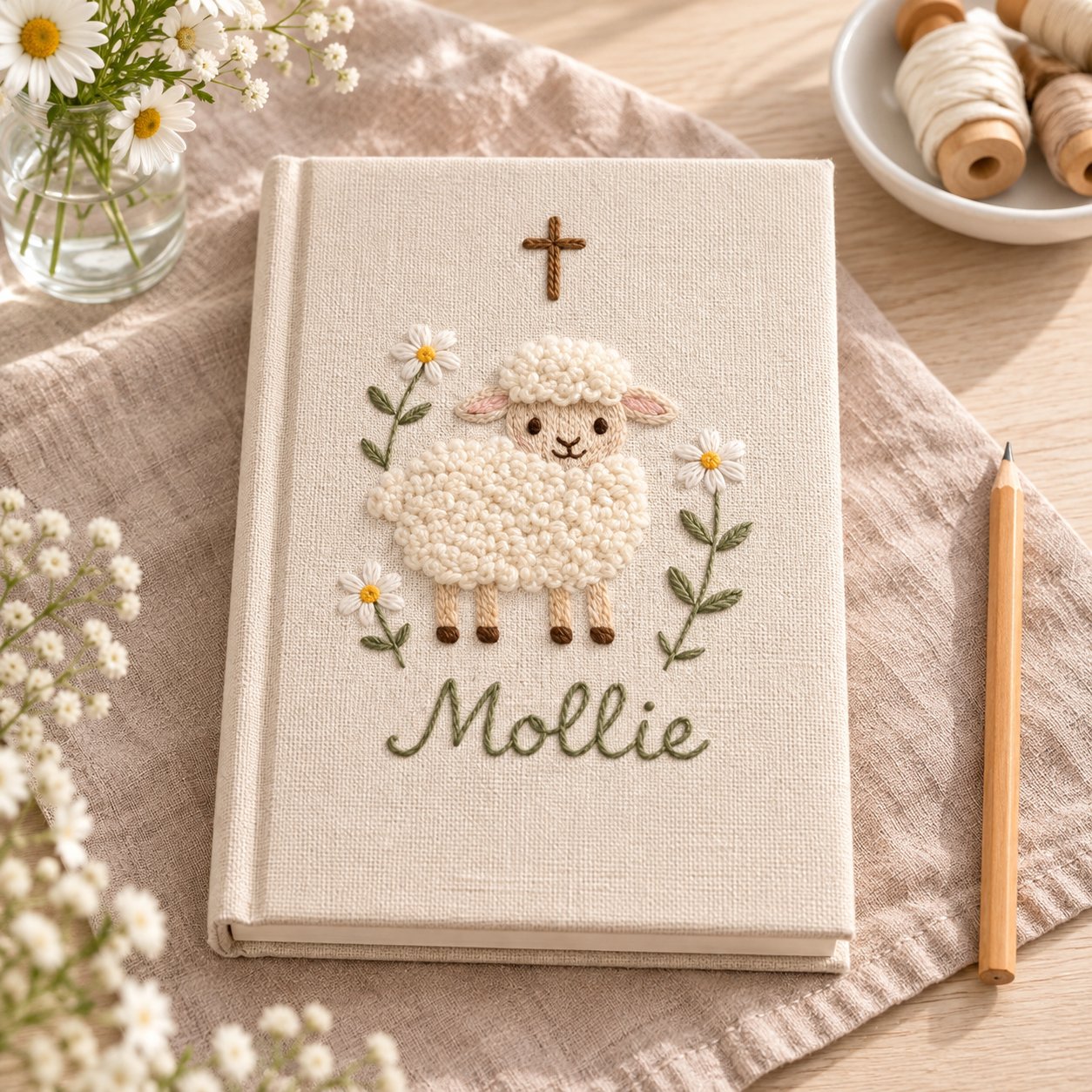 Personalized Sheep Hand-Embroidery Bible Journal, Lamb Linen Notebook, Custom Name Christian Journal, Handmade Prayer Notebook, Faith Gift NB14