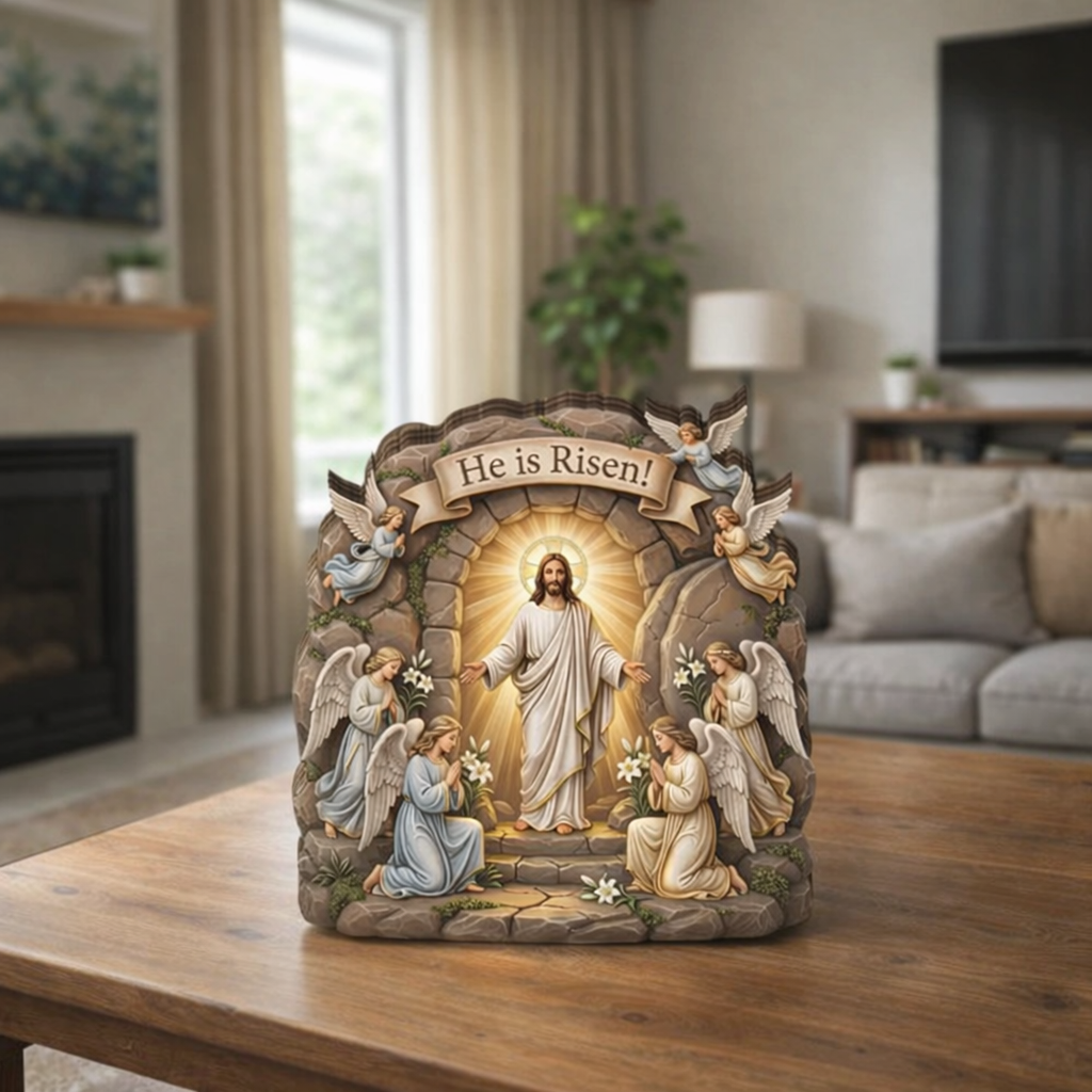 He Is Risen Easter Wooden Decor, Christian Resurrection Art, Religious Tabletop Display, Faith Home Altar Gift