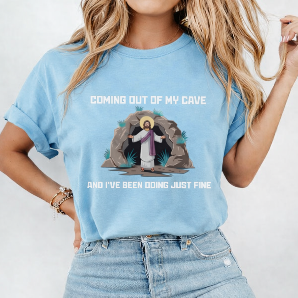 Coming Out Of My Cave Shirt, Comfort Colors Pink Tee, Funny Christian Easter Shirt, Jesus Resurrection Graphic Tee, Faith Based Gift for Women CFLAF053