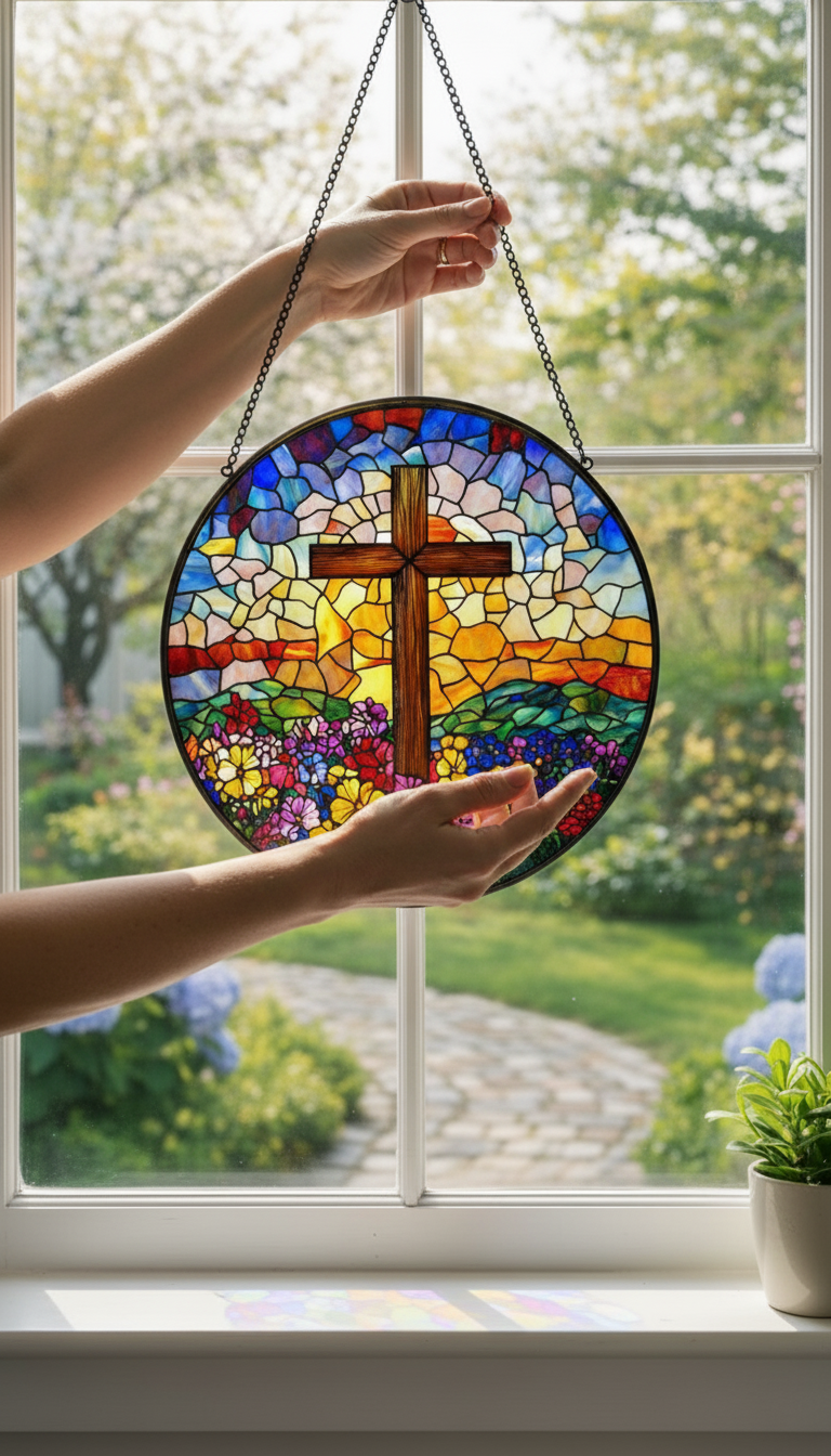 Cross Stained Glass Suncatcher, Christian Window Hanging, Floral Cross Sun Catcher, Religious Wall Decor, Faith Gift, Easter Window Decor SCLAF21