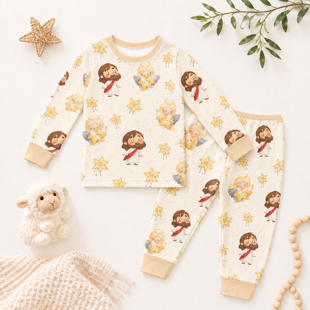 Jesus and Angel Bamboo Baby Kids Pajamas Set, Christian Star Toddler PJs, Religious Sleepwear, Faith Gift for Children BBPJSS10