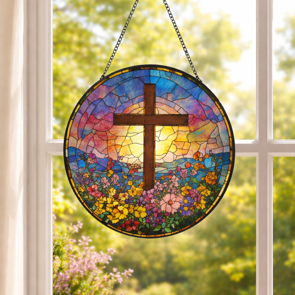 Cross Stained Glass Suncatcher, Christian Window Hanging, Floral Cross Sun Catcher, Religious Wall Decor, Faith Gift, Easter Window Decor SCLAF21