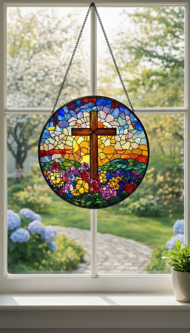 Cross Stained Glass Suncatcher, Christian Window Hanging, Floral Cross Sun Catcher, Religious Wall Decor, Faith Gift, Easter Window Decor SCLAF21
