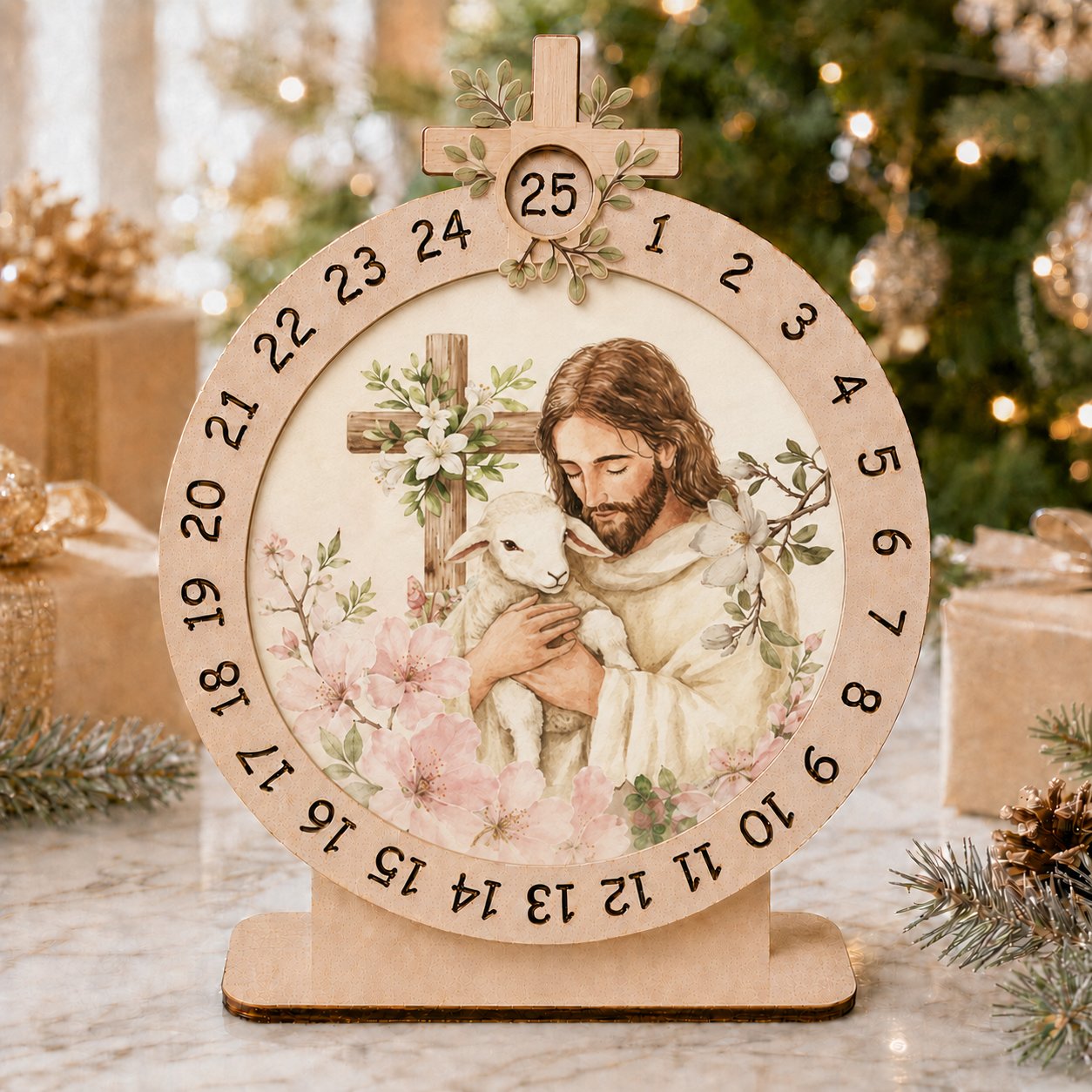 Wooden Jesus Cross Advent Calendar, Jesus Flower Wooden Sign, Custom Tabletop Religious Gift, Spinning Wheel Christmas Countdown Decor, Religious Christian Christmas Gift XMASW08