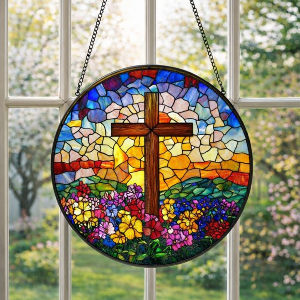 Cross Stained Glass Suncatcher, Christian Window Hanging, Floral Cross Sun Catcher, Religious Wall Decor, Faith Gift, Easter Window Decor SCLAF21