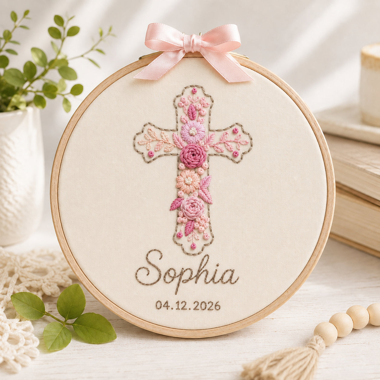 Hand-Embroidered Christian Bible Keepsake Hoop Art, Embroidered Cross Hoop, Embroidery Baby Name Sign, Floral Hoop, Faith Hanging Decor Gift EHA29