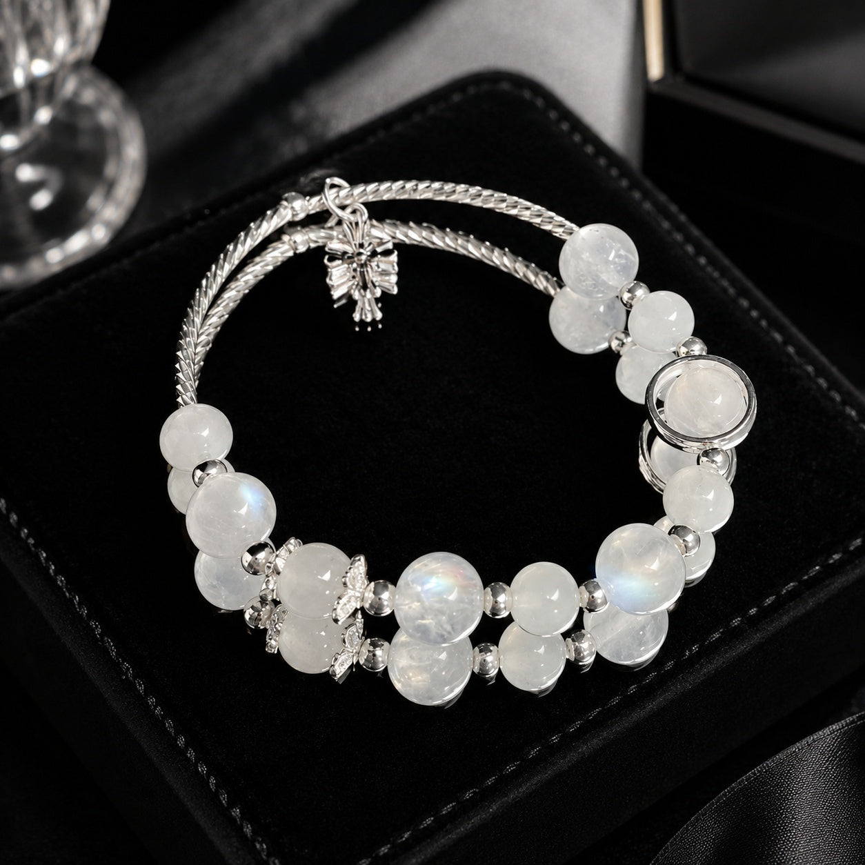 Moon Bracelet With Cross Pendant, Clover Catholic Jewelry, Silver Stone Bracelet For Women, Catholic Bracelet BRLAF15