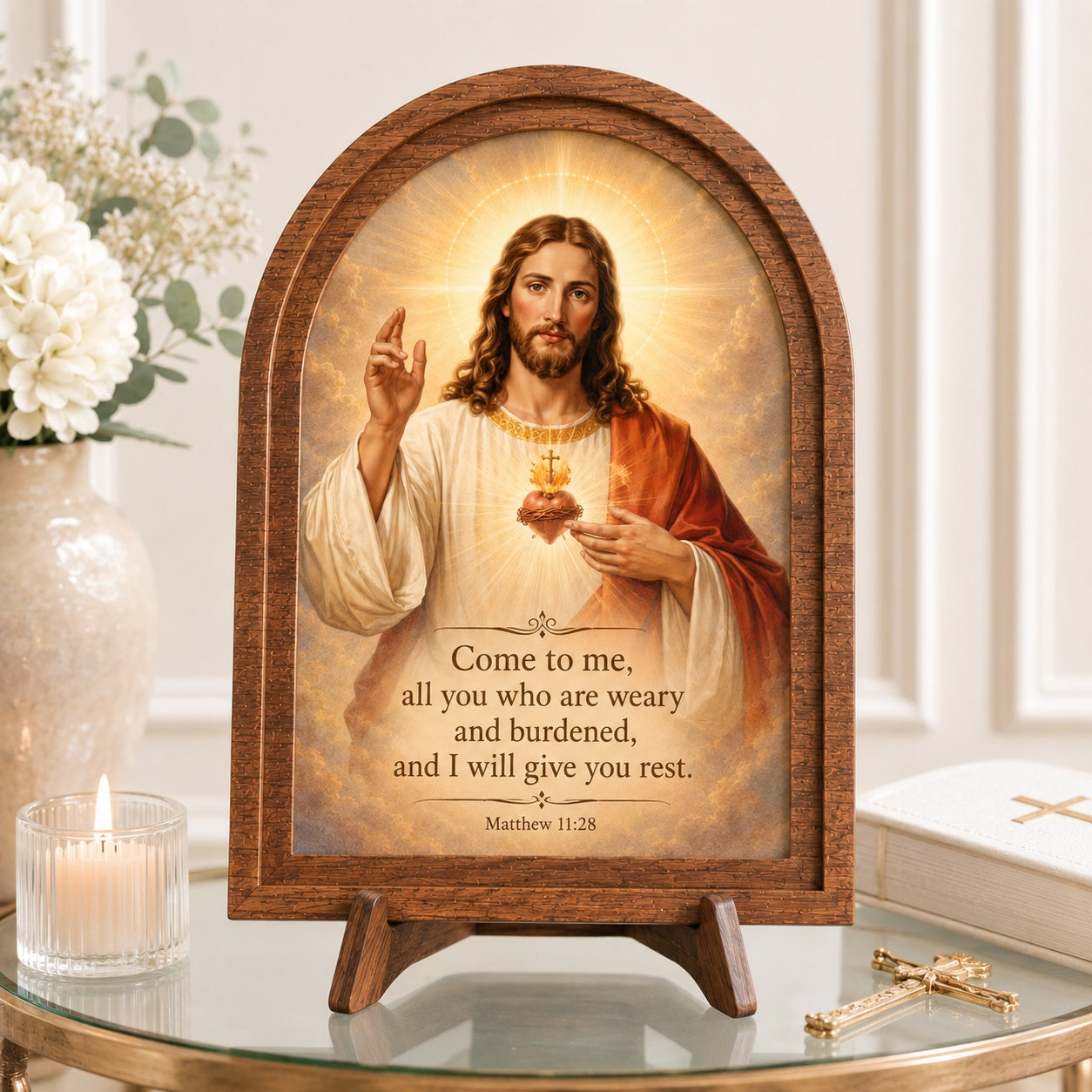 Sacred Heart of Jesus Wooden Sign, Christian Sign, Matthew 11:28 Arched Tabletop Sign, Catholic Religious Decor WS12