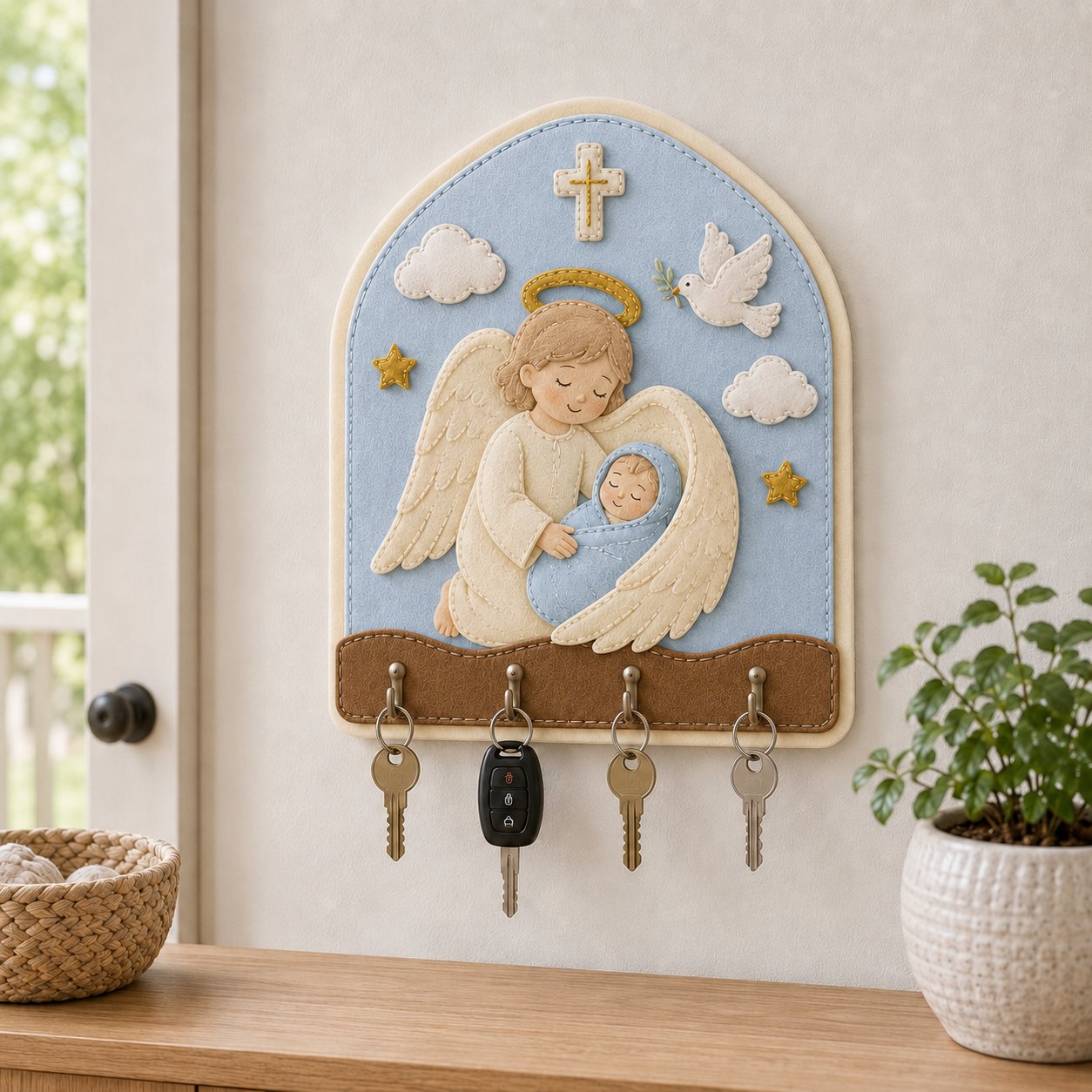 Guardian Angel Baby Wall Felt Key Holder, Christian Nursery Wall Key Rack, Handmade Catholic Home Decor, Religious Housewarming Gift, Felt Custom FELTHD11