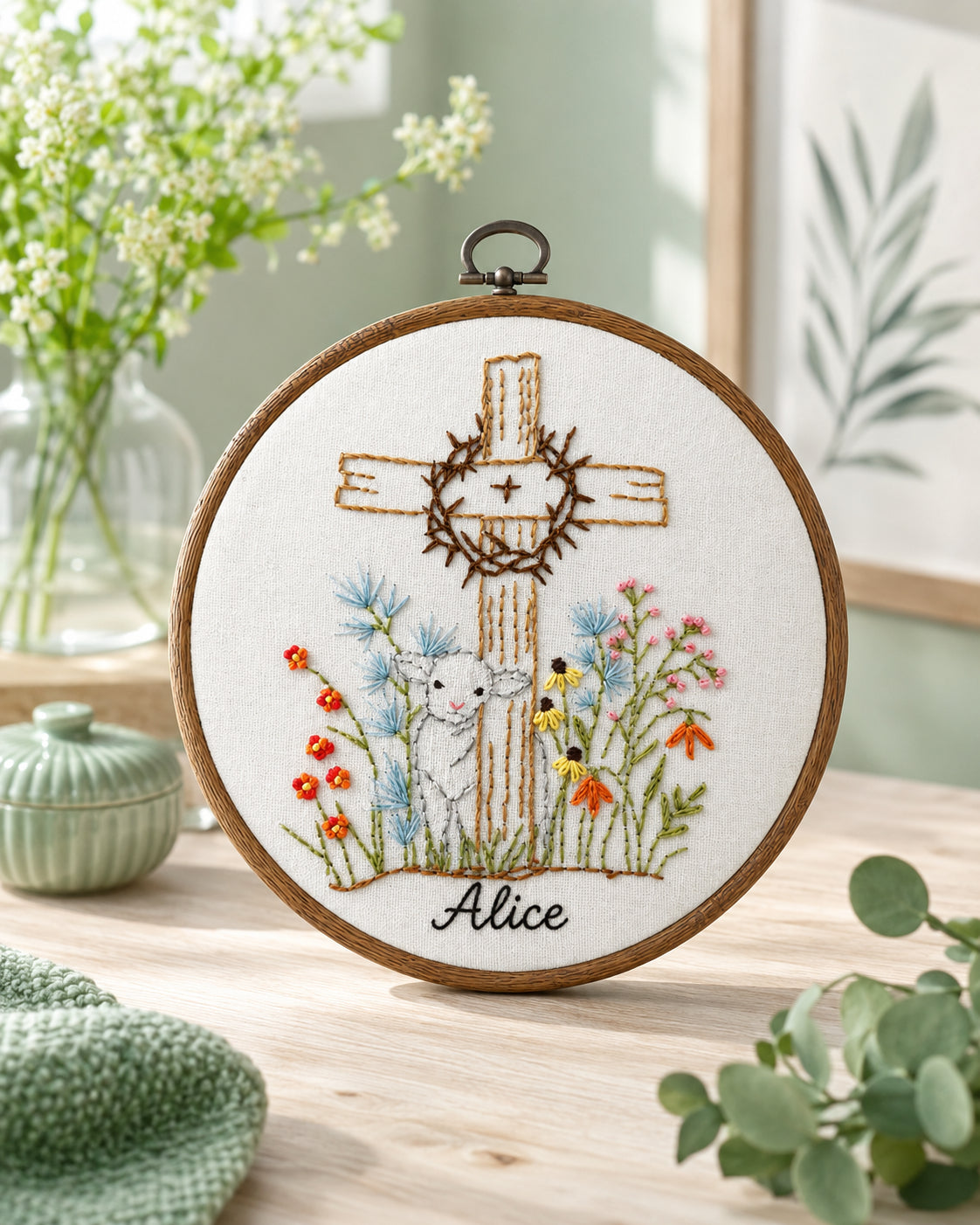 Personalized Cross Embroidery Hoop Art, Custom Name Christian Wall Decor, Lamb and Wildflower Nursery Gift, Baptism Keepsake Hoop EH11