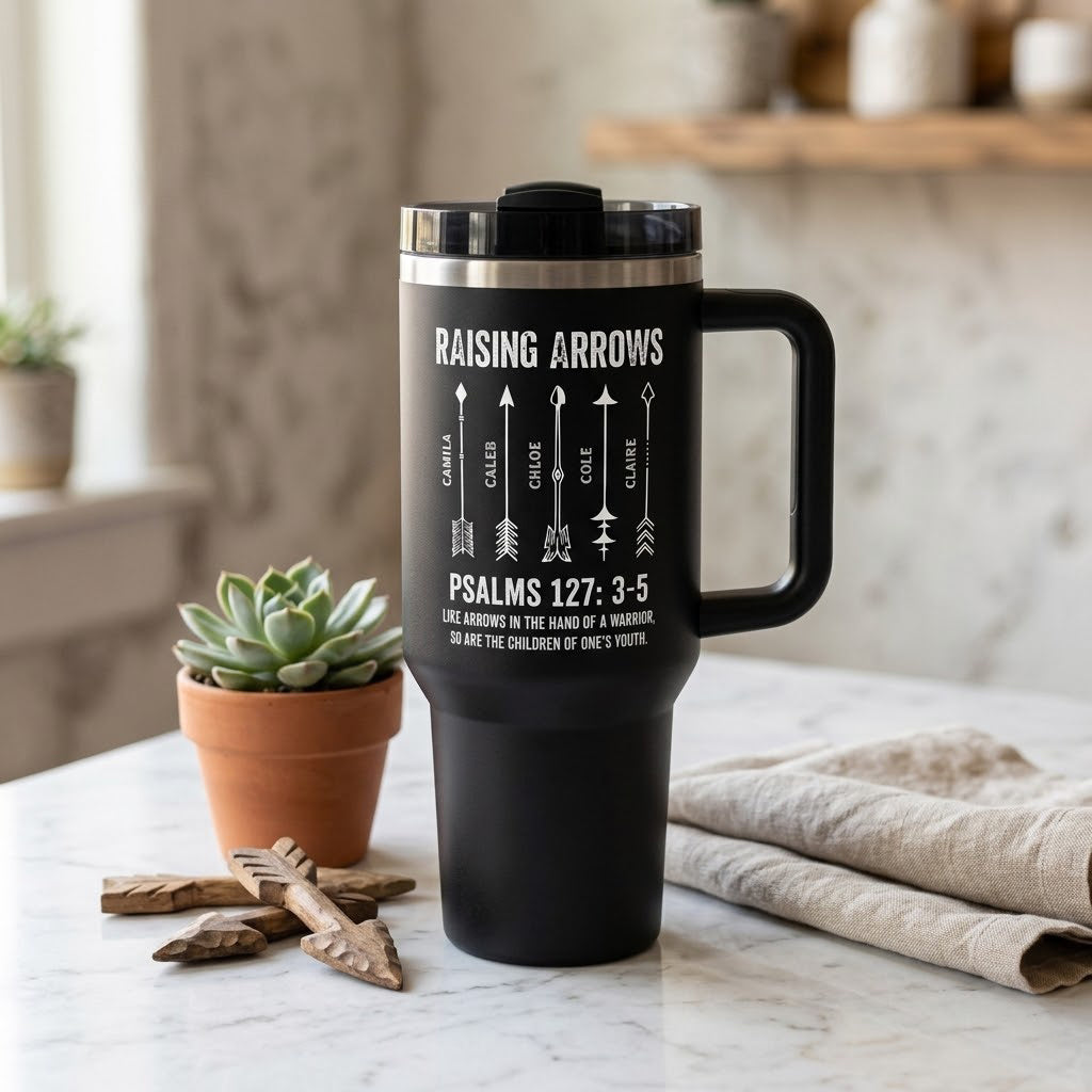 Personalized Raising Arrows Tumbler with Kids Names, Bible Tumbler, Psalm 127 Christian Travel Mug, Gift for Dad LAFN12