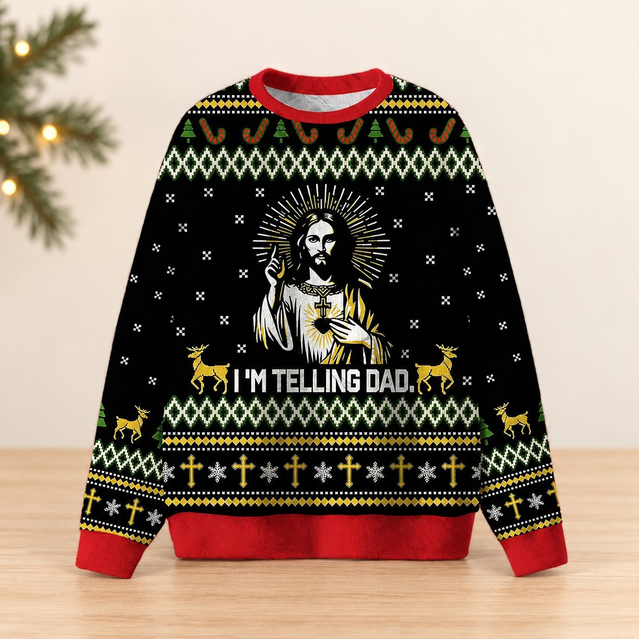 Jesus I’m Telling Dad Ugly Christmas Sweater, Funny Christian Holiday Sweatshirt, Religious Xmas Gift XMASUS12