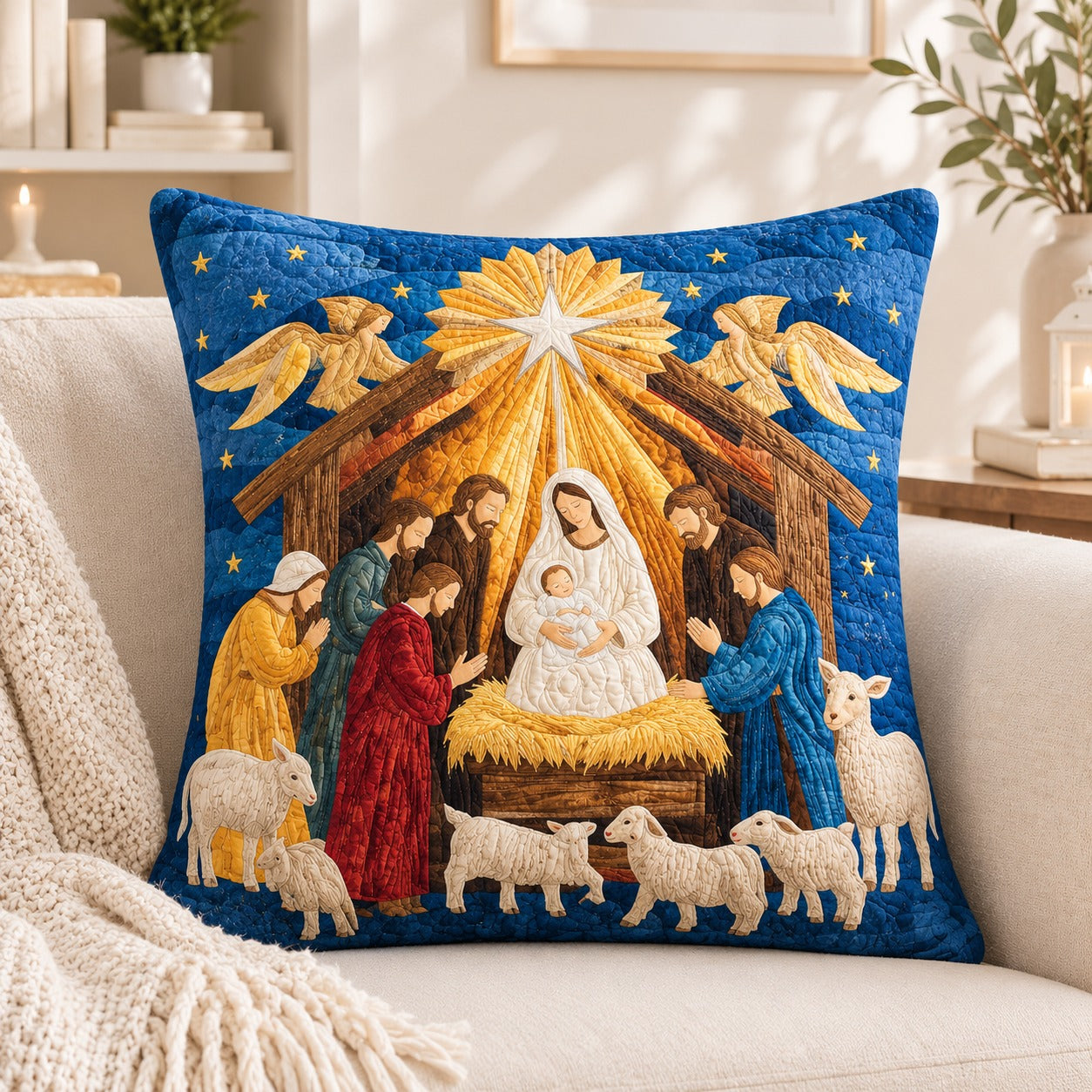 Nativity Quilted Pillow Case, Holy Family Christmas Pillow Cover, Baby Jesus Religious Decor, Christian Christmas Gift QPILLOW11