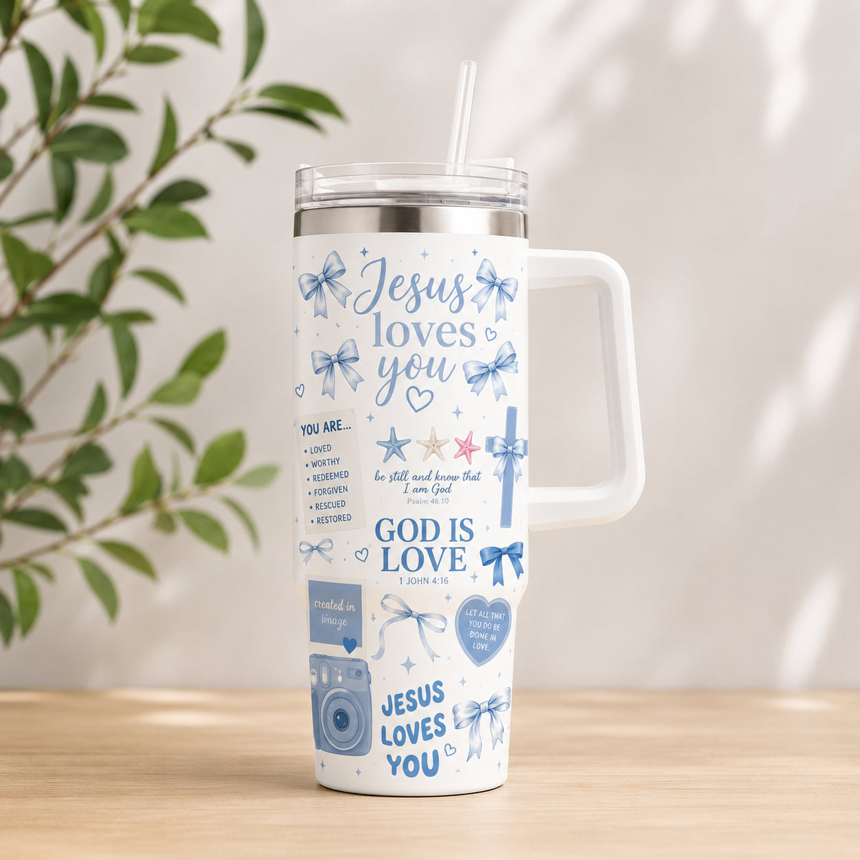 Christian Sea Blue 30oz/40oz Stainless Steel Tumbler with Handle, Faith-Inspired Travel Mug, Beach Style Tumbler, Insulated Mug with Straw, Christian Gift TUMB12