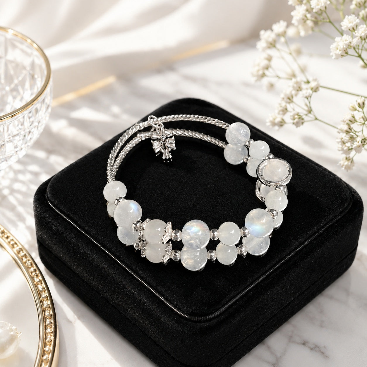 Moon Bracelet With Cross Pendant, Clover Catholic Jewelry, Silver Stone Bracelet For Women, Catholic Bracelet BRLAF15