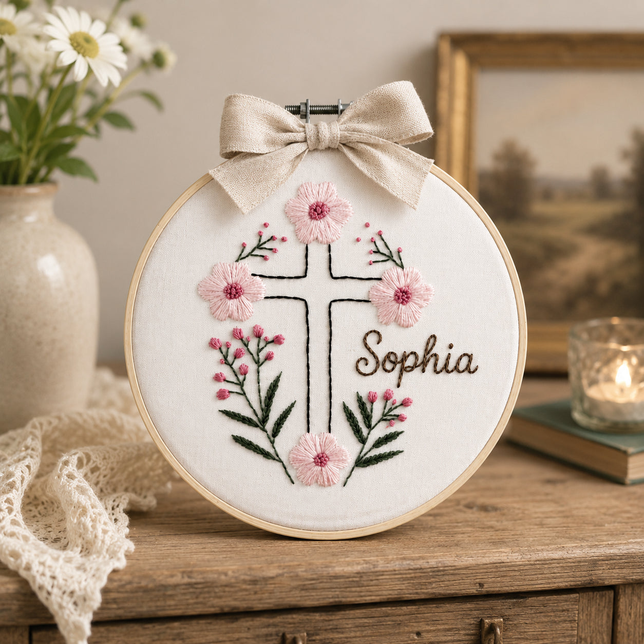 Personalized Hand Embroidered Floral With Cross Hoop Art, Custom Baby Name Baptism, Floral Christian Keepsake, Christian Hoop Art, Nursery Gift EHA40