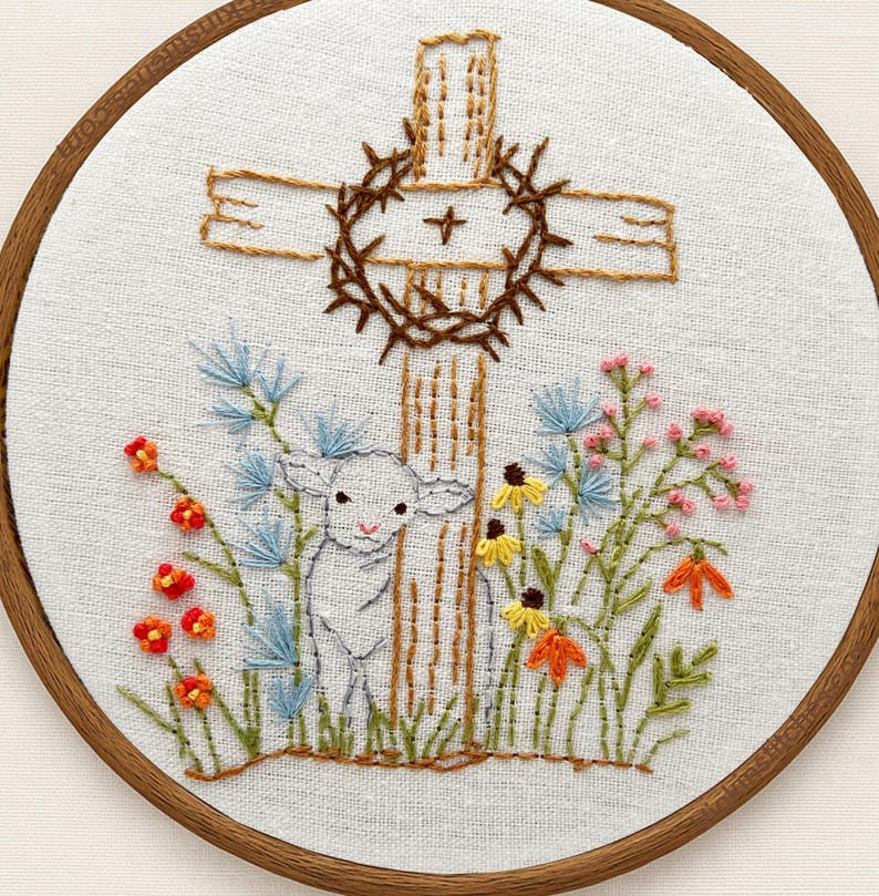 Personalized Cross Embroidery Hoop Art, Custom Name Christian Wall Decor, Lamb and Wildflower Nursery Gift, Baptism Keepsake Hoop EH11