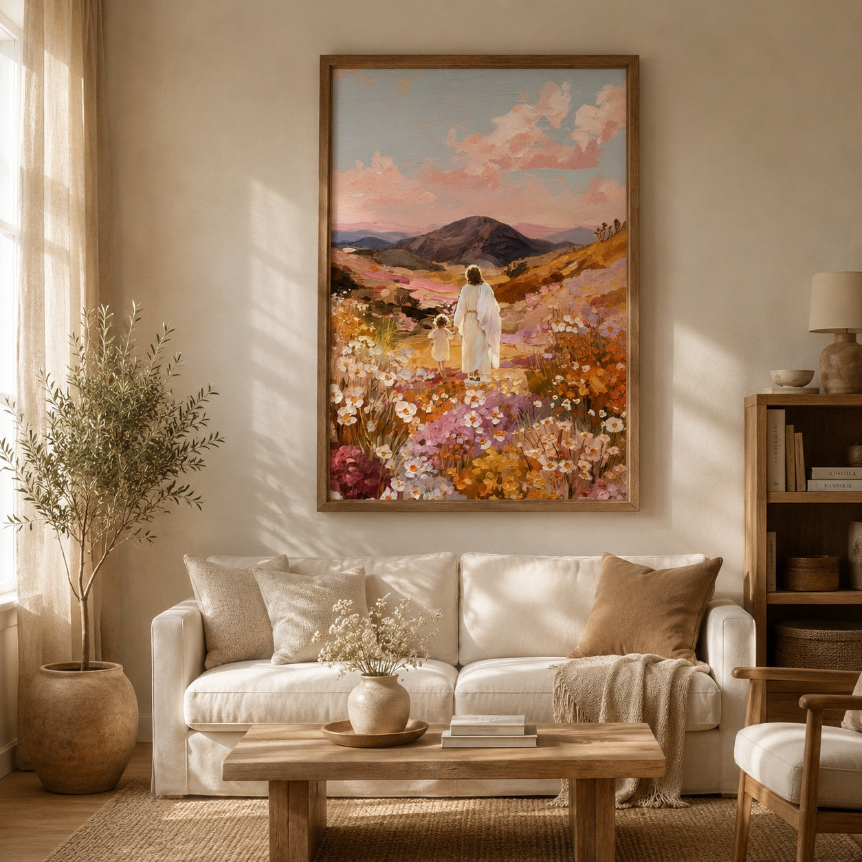 Jesus Walking with Child Poster, Christian Wall Art Print, Faith Based Nursery Decor, Religious Landscape Art, Bible Inspired Gift for Christians PTS12