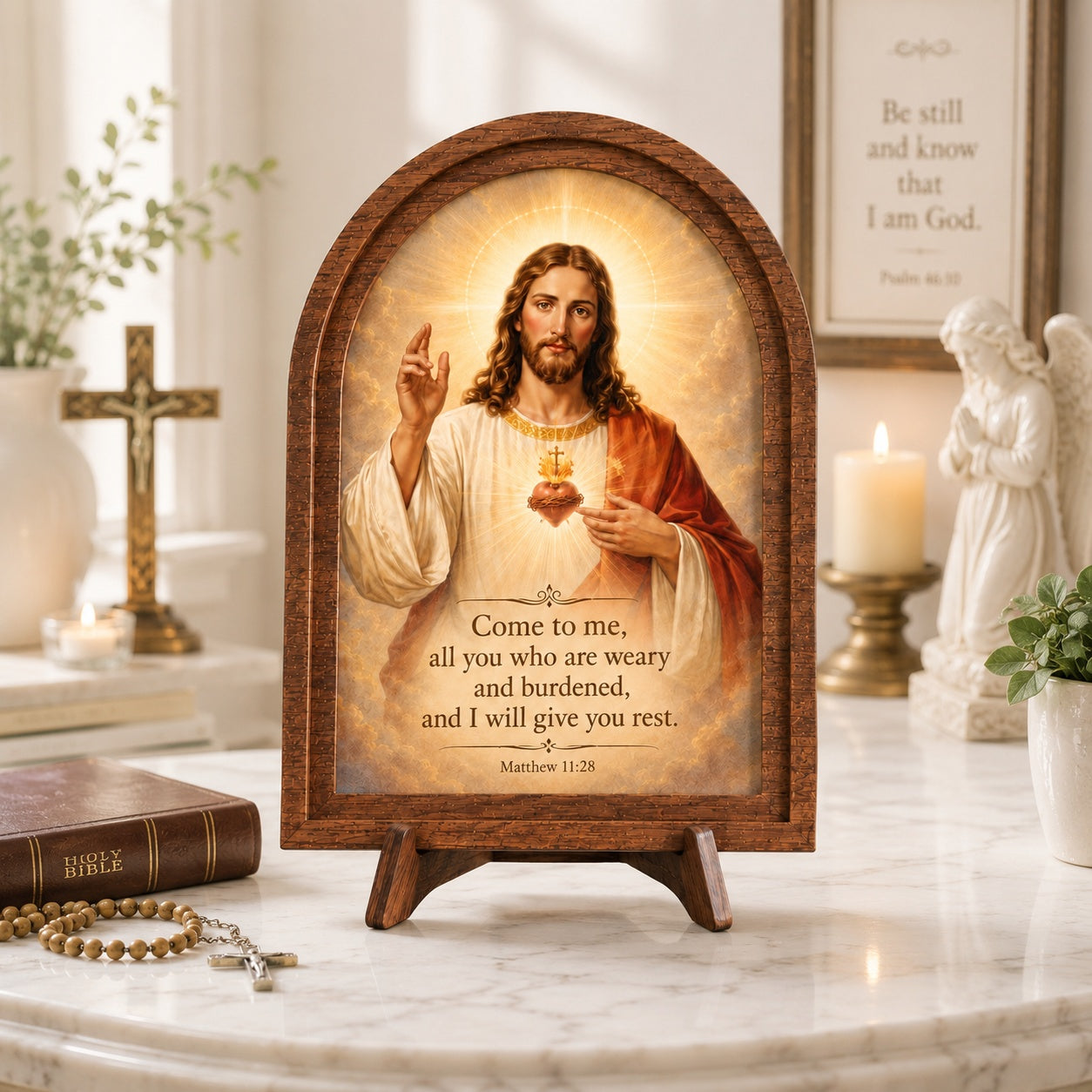 Sacred Heart of Jesus Wooden Sign, Christian Sign, Matthew 11:28 Arched Tabletop Sign, Catholic Religious Decor WS12