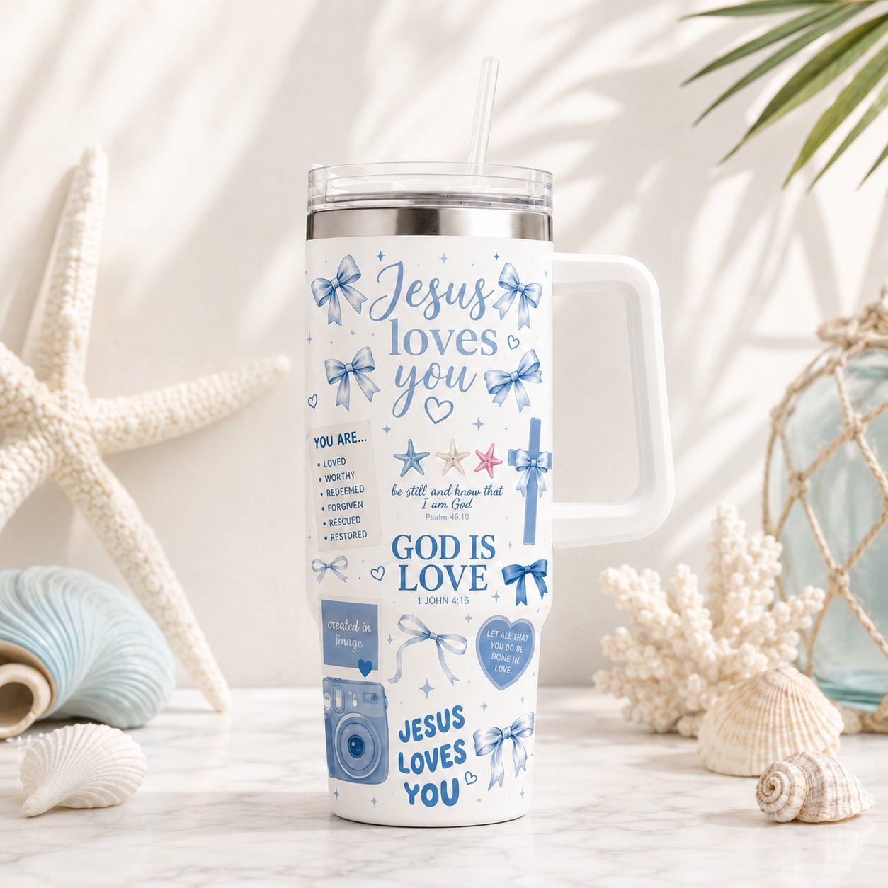 Christian Sea Blue 30oz/40oz Stainless Steel Tumbler with Handle, Faith-Inspired Travel Mug, Beach Style Tumbler, Insulated Mug with Straw, Christian Gift TUMB12