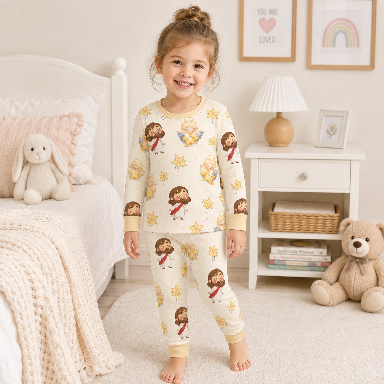 Jesus and Angel Bamboo Baby Kids Pajamas Set, Christian Star Toddler PJs, Religious Sleepwear, Faith Gift for Children BBPJSS10