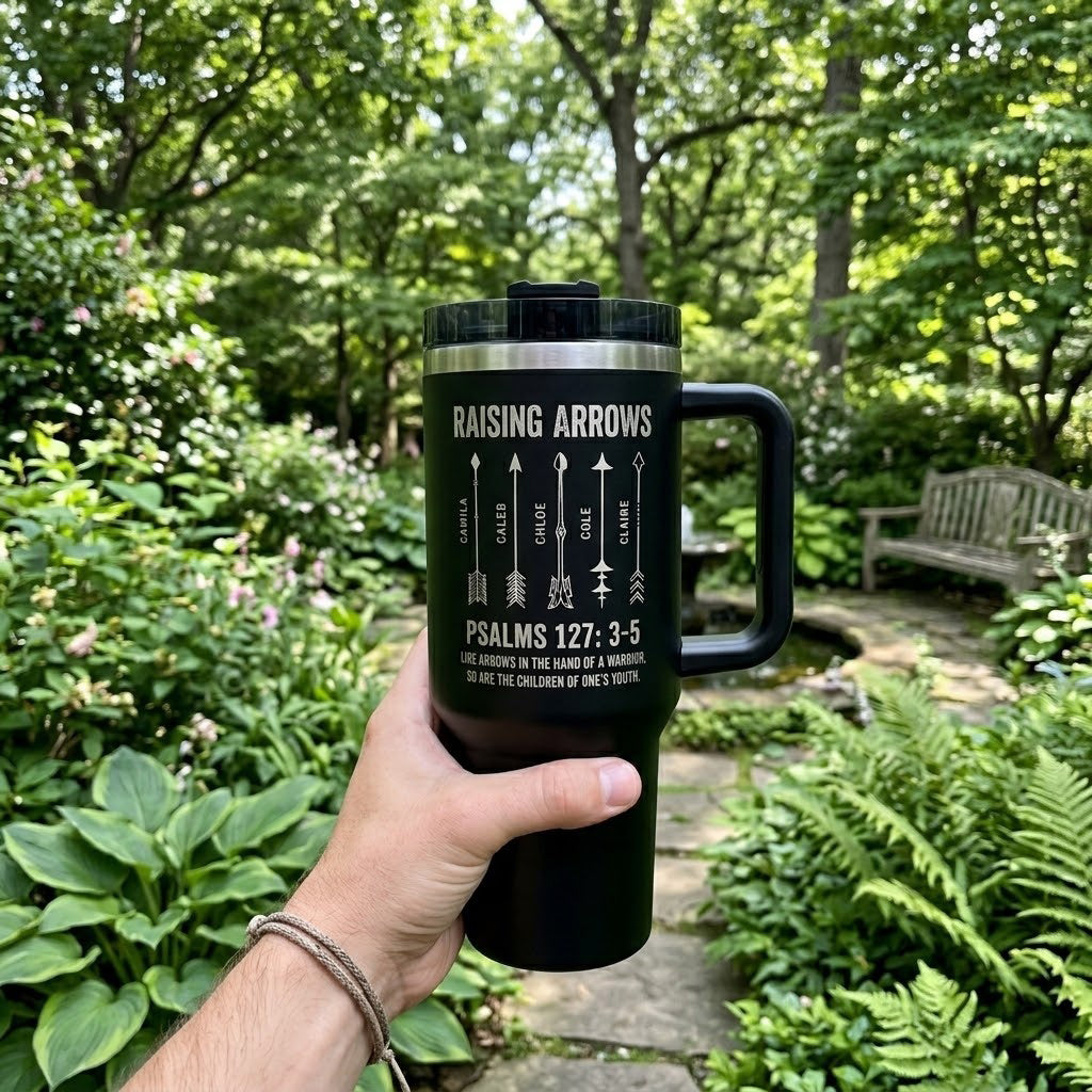 Personalized Raising Arrows Tumbler with Kids Names, Bible Tumbler, Psalm 127 Christian Travel Mug, Gift for Dad LAFN12