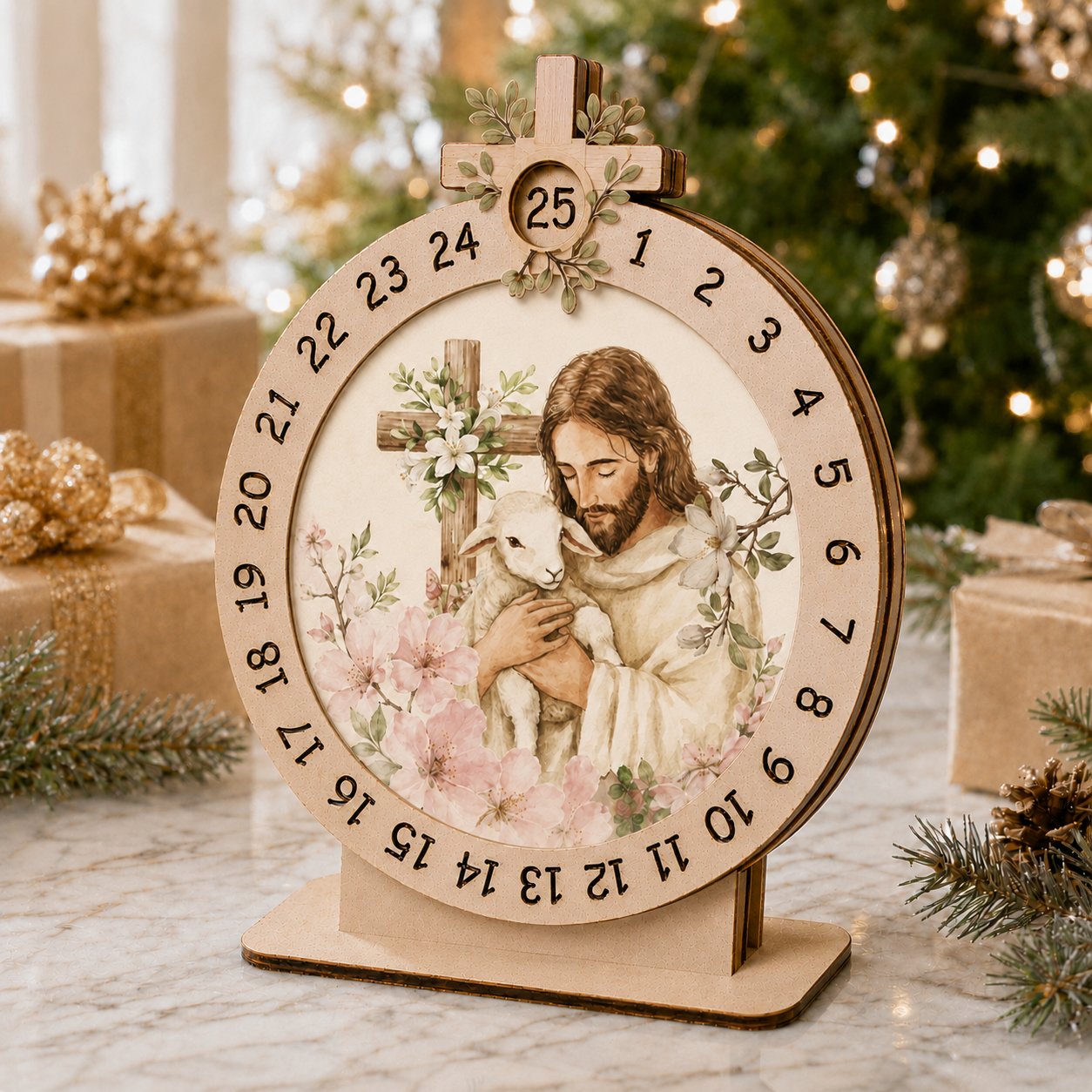 Wooden Jesus Cross Advent Calendar, Jesus Flower Wooden Sign, Custom Tabletop Religious Gift, Spinning Wheel Christmas Countdown Decor, Religious Christian Christmas Gift XMASW08