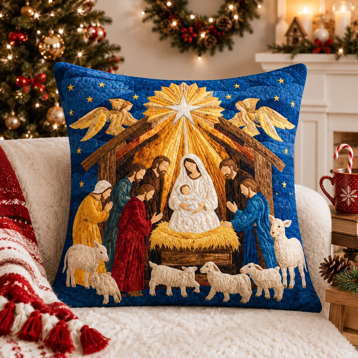 Nativity Quilted Pillow Case, Holy Family Christmas Pillow Cover, Baby Jesus Religious Decor, Christian Christmas Gift QPILLOW11