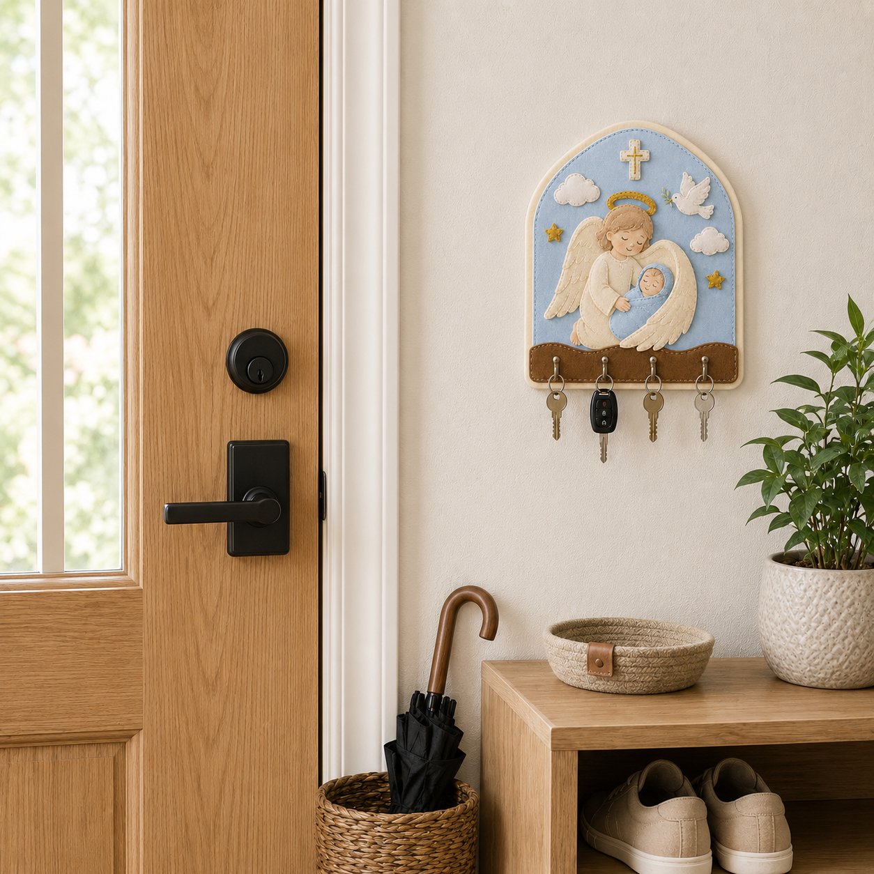 Guardian Angel Baby Wall Felt Key Holder, Christian Nursery Wall Key Rack, Handmade Catholic Home Decor, Religious Housewarming Gift, Felt Custom FELTHD11