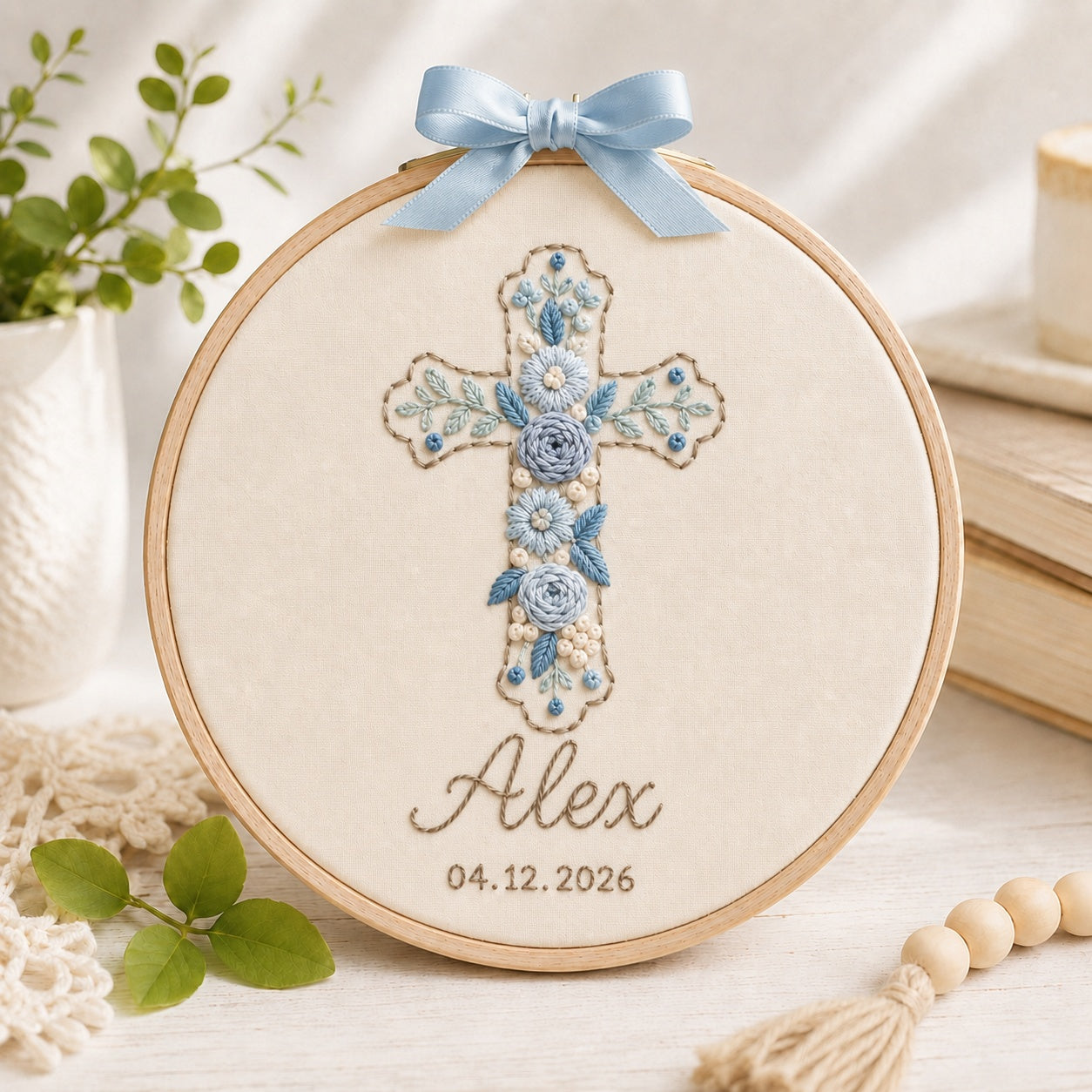 Hand-Embroidered Christian Bible Keepsake Hoop Art, Embroidered Cross Hoop, Embroidery Baby Name Sign, Floral Hoop, Faith Hanging Decor Gift EHA29