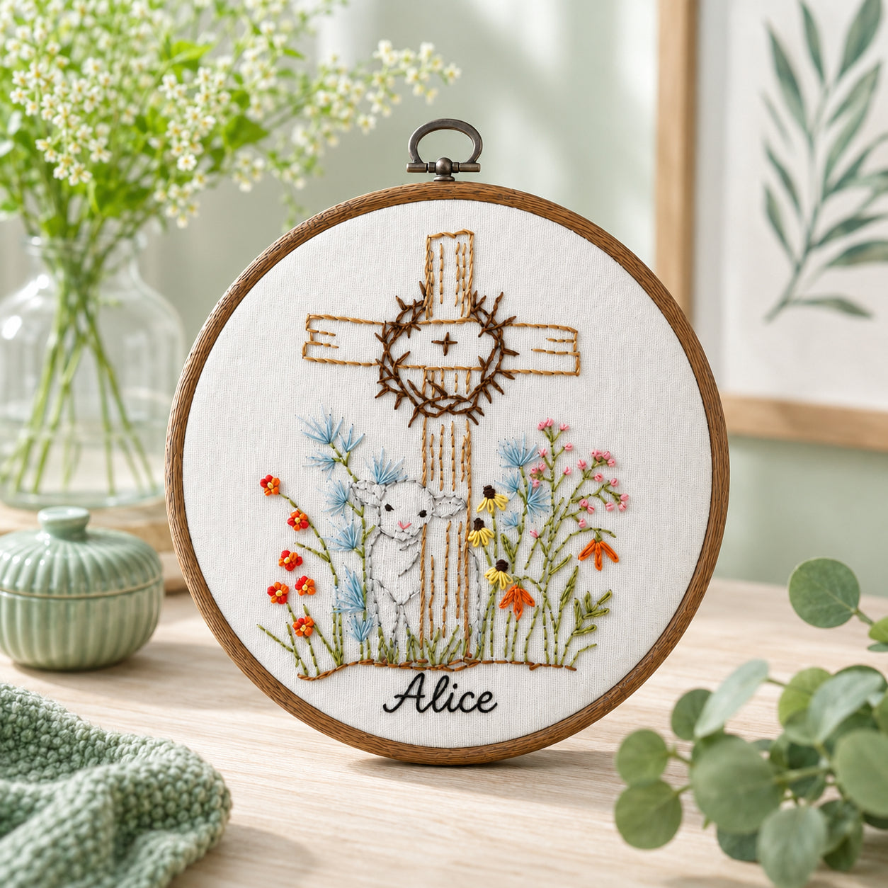 Personalized Cross Embroidery Hoop Art, Custom Name Christian Wall Decor, Lamb and Wildflower Nursery Gift, Baptism Keepsake Hoop EH11