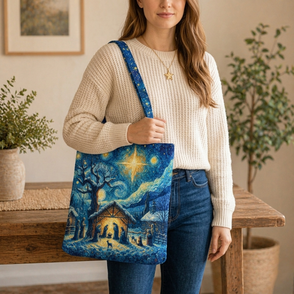 Nativity Starry Night Quilted Tote Bag, Christian Nativity Bag, Holy Family Manger Scene Religious Tote Bag, Christian Gift Bag QTTB12
